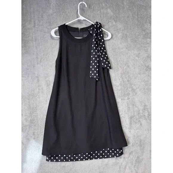 Chelsea Rose Black Dress Womens Size 6 Sleeveless Polka Dot Tie A Line - Picture 1 of 5